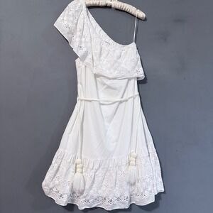 Stella & Dot White Cotton Summer Dress Pineapple Lace Trim Pom Pom Tassels